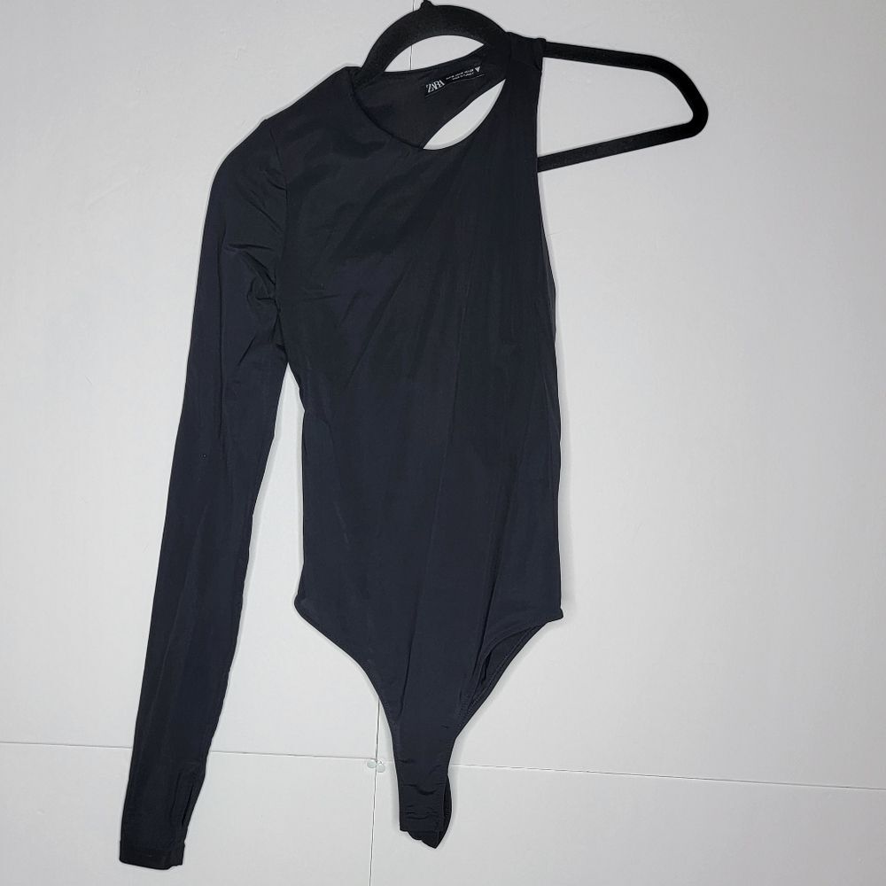 Zara Black One Shoulder Long Sleeve Bodysuit Stretch Fitted Top Size S
